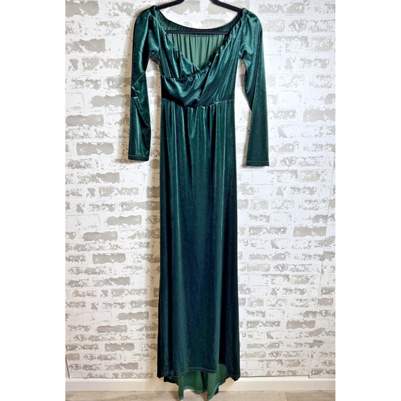 Velvet Maxi Dress Womens Small Emerald Off Shoulder Gown Fairy WhimsyGoth Goth - Picture 1 of 11